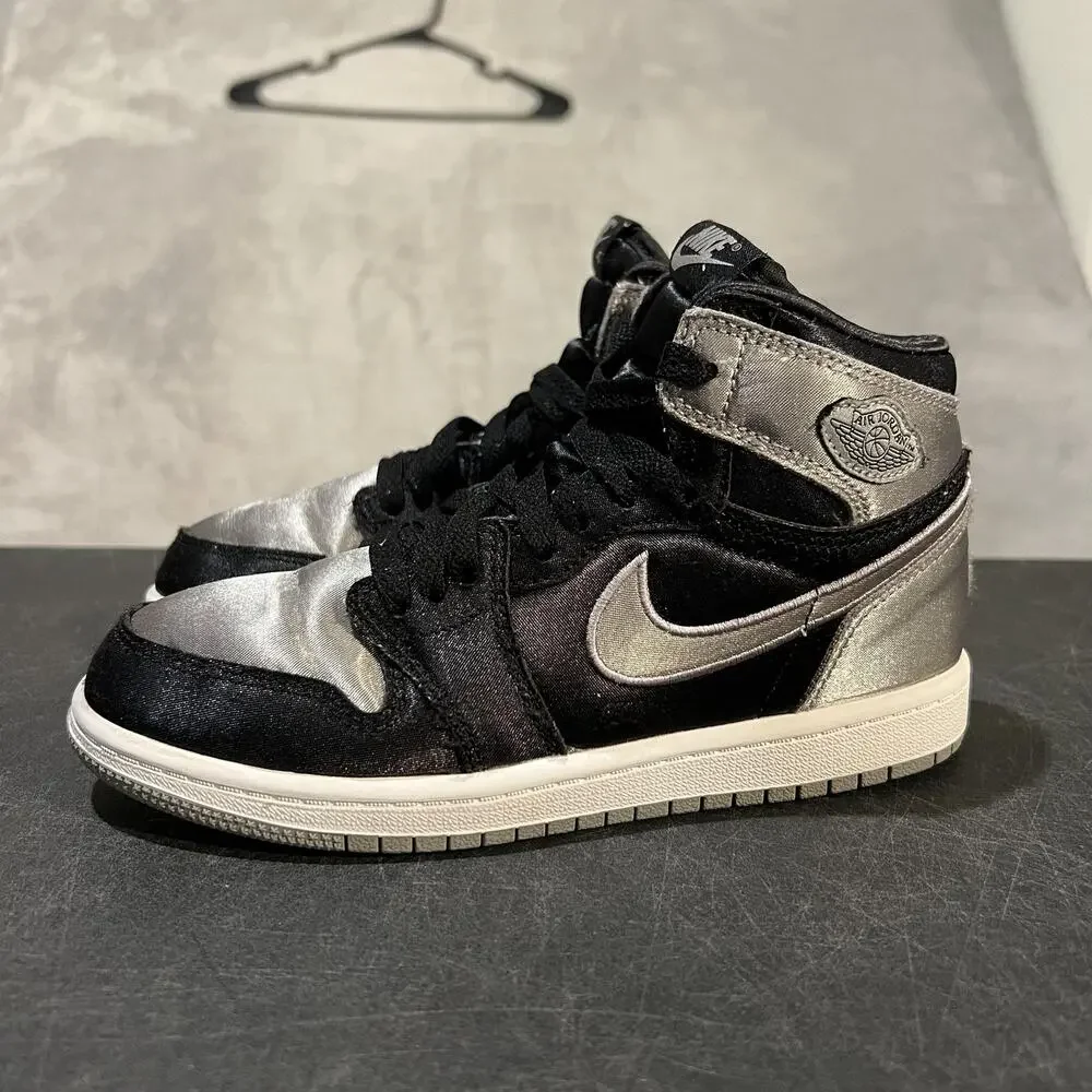 Nike Air Jordan 1 High OG Satin Shadow Shoes Youth 2Y Black Silver FD5304-010
